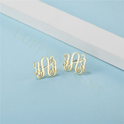 Gold Monogram Stud Earrings, Dainty Monogram Earrings in Steel, Personalized Initial Earrings, Custom Name Jewelry, BridesMaids Gift for Her