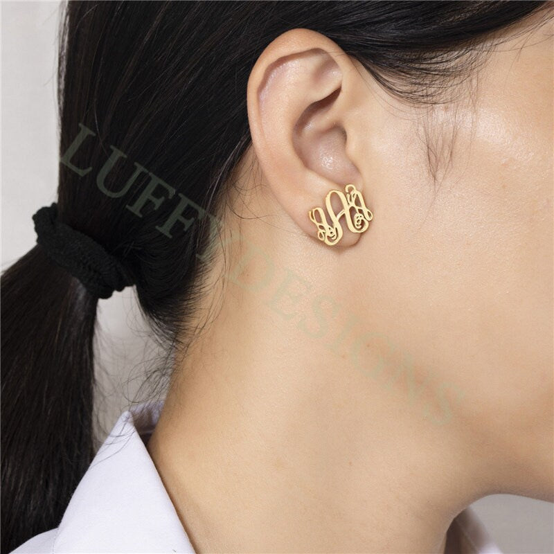 Gold Monogram Stud Earrings, Dainty Monogram Earrings in Steel, Personalized Initial Earrings, Custom Name Jewelry, BridesMaids Gift for Her