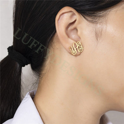 Gold Monogram Stud Earrings, Dainty Monogram Earrings in Steel, Personalized Initial Earrings, Custom Name Jewelry, BridesMaids Gift for Her