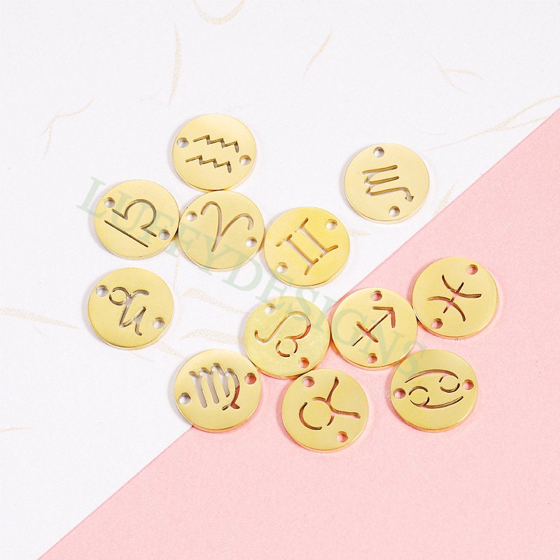 5pcs Round Zodiac Symbol Constellation Charm, Gold plated Stainless Steel, Gold Zodiac Connector, Constellation Charm, Mirror Polished 12mm