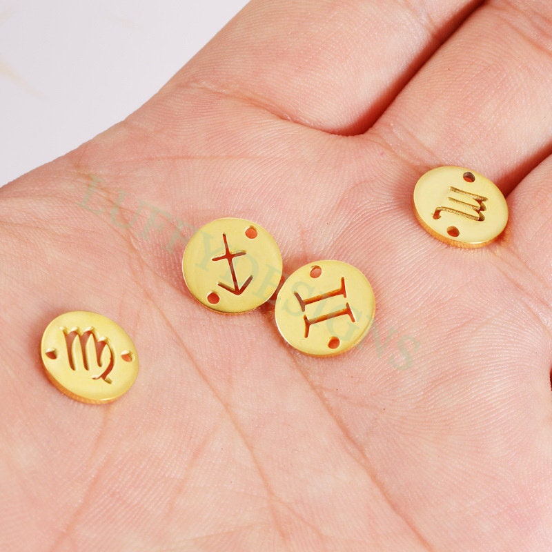 5pcs Round Zodiac Symbol Constellation Charm, Gold plated Stainless Steel, Gold Zodiac Connector, Constellation Charm, Mirror Polished 12mm