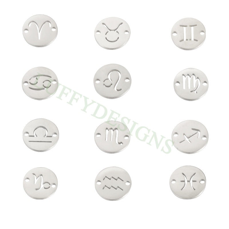 5pcs Round Zodiac Symbol Constellation Charm, Gold plated Stainless Steel, Gold Zodiac Connector, Constellation Charm, Mirror Polished 12mm