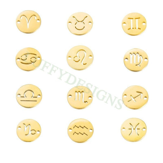5pcs Round Zodiac Symbol Constellation Charm, Gold plated Stainless Steel, Gold Zodiac Connector, Constellation Charm, Mirror Polished 12mm
