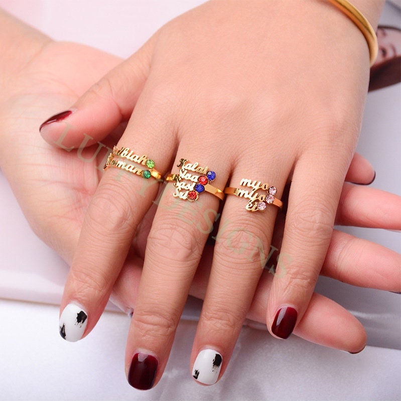 Personalized Birthstone Ring, Custom Name Ring, Gold Couples Name Ring, Family Birthstone Ring, Gemstone Ring for Mom, Mother's Day Gift
