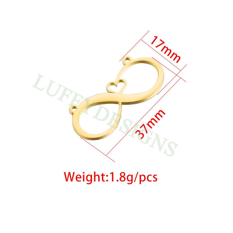10pcs Infinity Charms Pendant, Love Infinity Pendant for Necklace 37x17mm, Large Infinity Charm with Heart, 18K Gold plated Stainless Steel