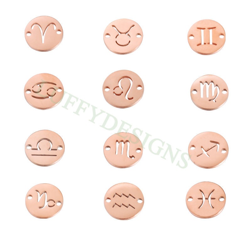 5pcs Round Zodiac Symbol Constellation Charm, Gold plated Stainless Steel, Gold Zodiac Connector, Constellation Charm, Mirror Polished 12mm