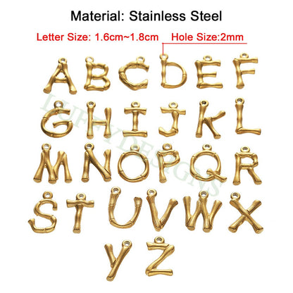 Bamboo Alphabet Initial Charms, Uppercase Bamboo Letter Charm, Alphabet Charm, Gold Bamboo Letter Pendant, 18K Gold Plated Stainless Steel