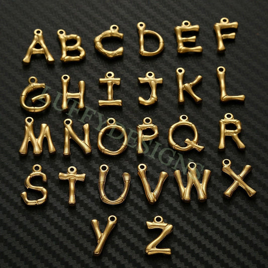 Bamboo Alphabet Initial Charms, Uppercase Bamboo Letter Charm, Alphabet Charm, Gold Bamboo Letter Pendant, 18K Gold Plated Stainless Steel