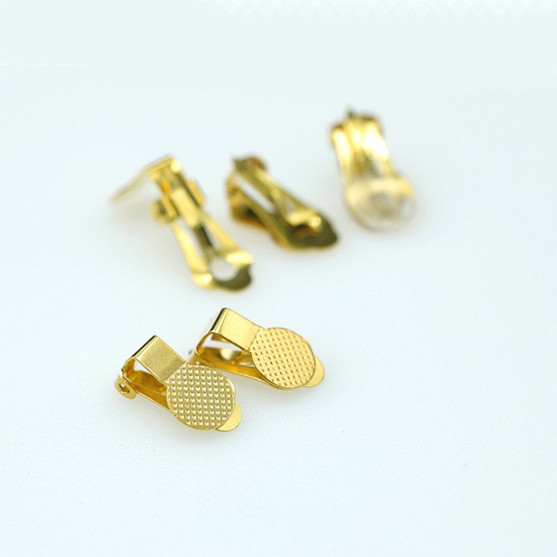20pcs Non Pierced Clip on Earring Component with 9mm Flat Pad, Ear Clip, Glue on Pad Blank, Earwire Converter, Gold plated Stainless Steel