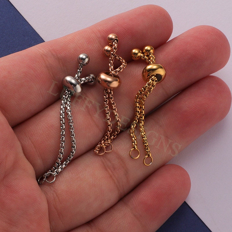 5PCS Half Finished Slide Ring, Sliding Adjustable Chain Ring, Box Chain With Slider Clasp, Bolo Ring For Jewelry Making, Gold plated Steel