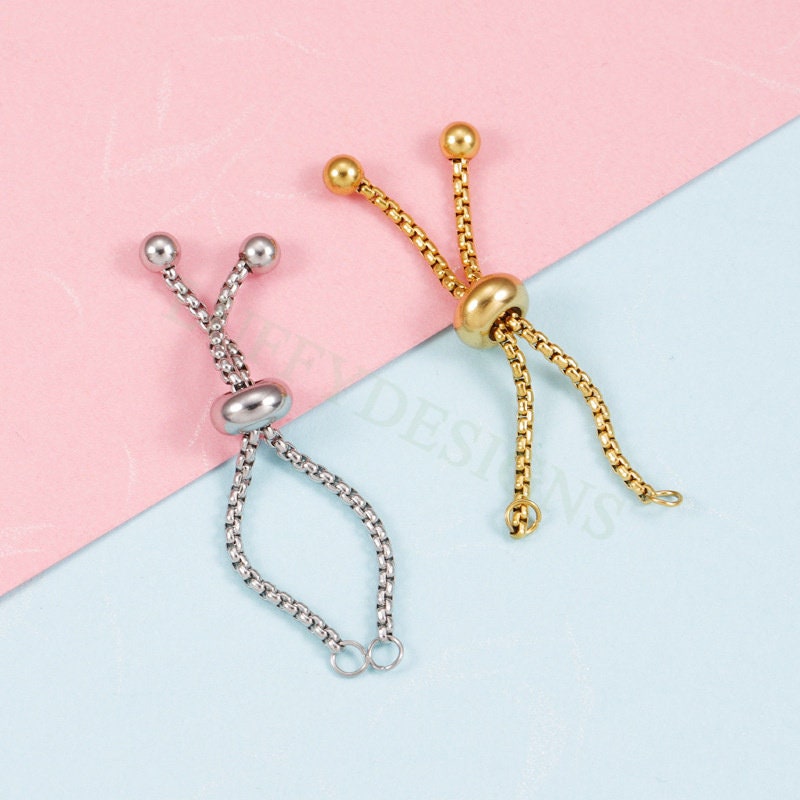 5PCS Half Finished Slide Ring, Sliding Adjustable Chain Ring, Box Chain With Slider Clasp, Bolo Ring For Jewelry Making, Gold plated Steel