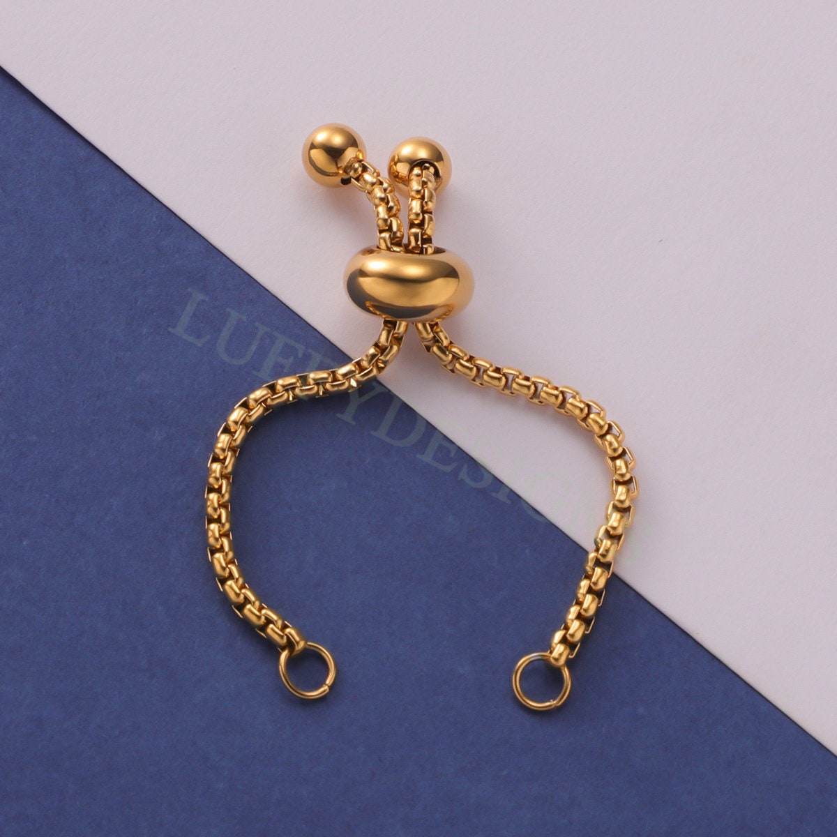 5PCS Half Finished Slide Ring, Sliding Adjustable Chain Ring, Box Chain With Slider Clasp, Bolo Ring For Jewelry Making, Gold plated Steel