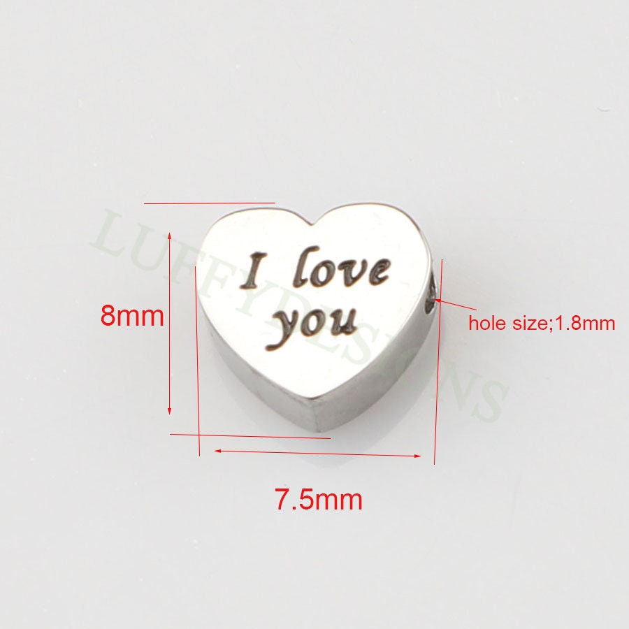 10pcs 3D Heart Charms 8mm, Heart Beads Pendant with I Love You Words, Gold Stainless Steel Heart,Tiny Heart Findings,Jewelry Making Supplies