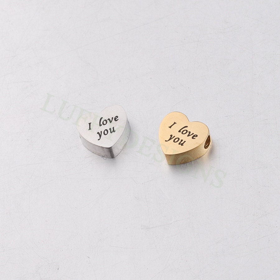 10pcs 3D Heart Charms 8mm, Heart Beads Pendant with I Love You Words, Gold Stainless Steel Heart,Tiny Heart Findings,Jewelry Making Supplies