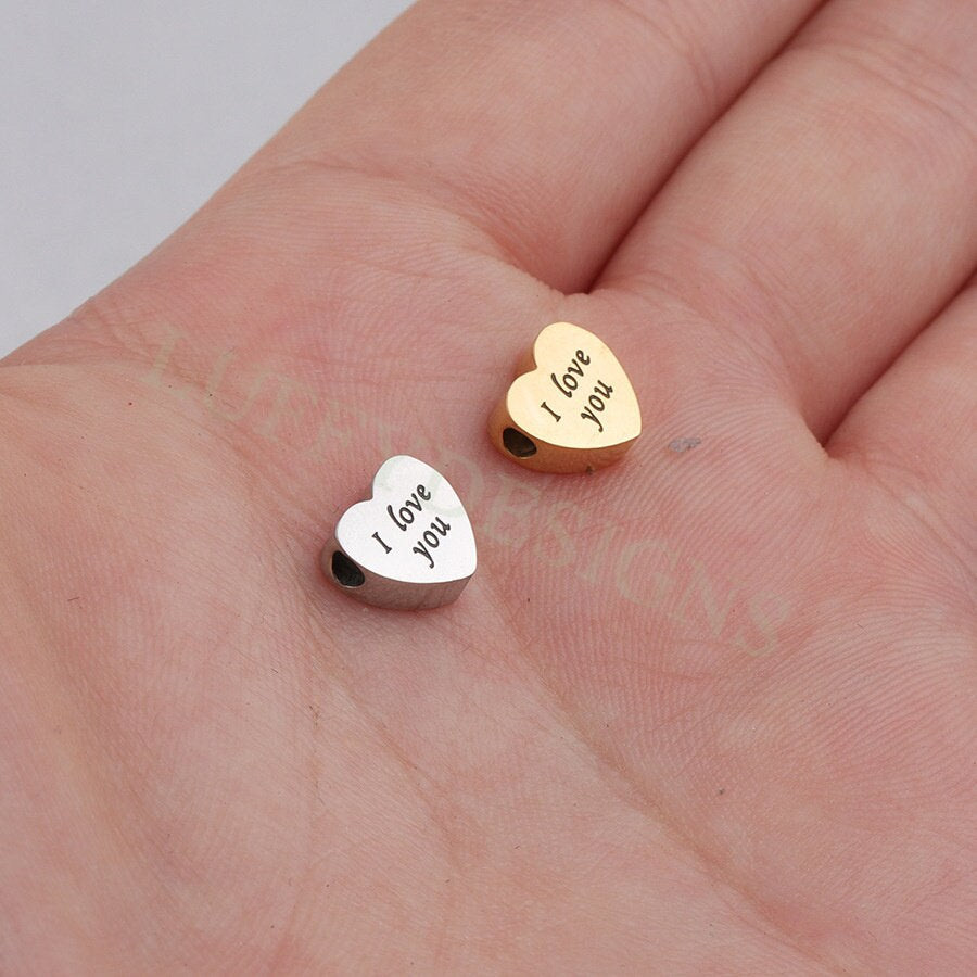 10pcs 3D Heart Charms 8mm, Heart Beads Pendant with I Love You Words, Gold Stainless Steel Heart,Tiny Heart Findings,Jewelry Making Supplies