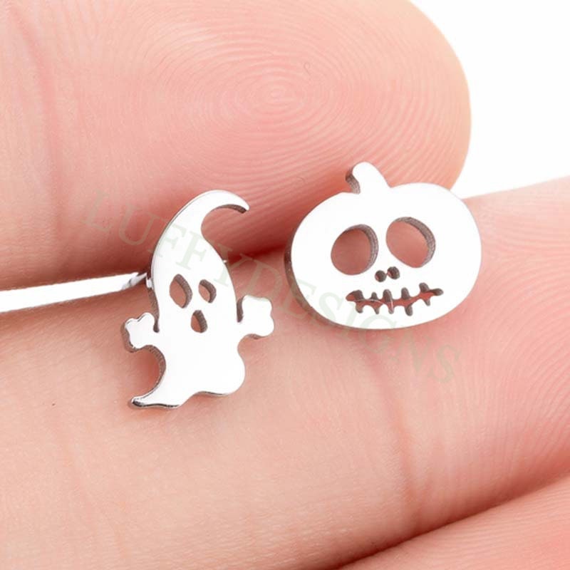 10pairs Halloween Earring Studs, Cute Halloween Stud Earrings, Stainless Steel Pumpkin Earring Findings, Tiny Adorable Ghost Stud Earrings