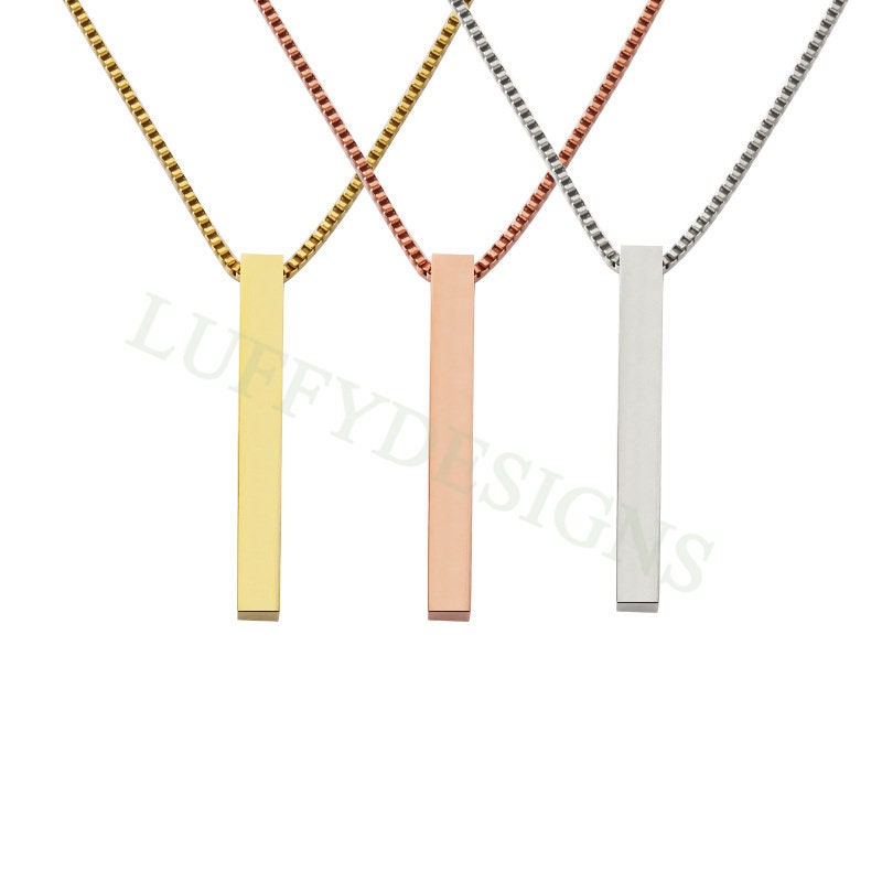 5pcs Blank 3D Bar Necklace with Box Chain, Bar Necklace Supplies, Gold Stainless Steel Blanks, Stamping Bar Necklace, DIY Engraving 40x5mm