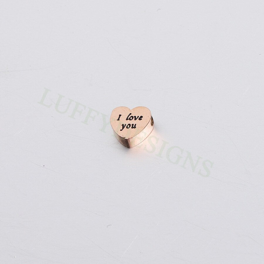 10pcs 3D Heart Charms 8mm, Heart Beads Pendant with I Love You Words, Gold Stainless Steel Heart,Tiny Heart Findings,Jewelry Making Supplies