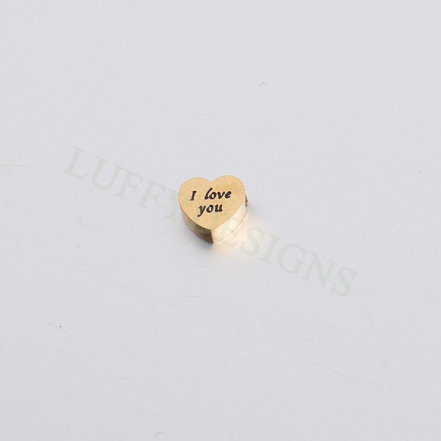 10pcs 3D Heart Charms 8mm, Heart Beads Pendant with I Love You Words, Gold Stainless Steel Heart,Tiny Heart Findings,Jewelry Making Supplies