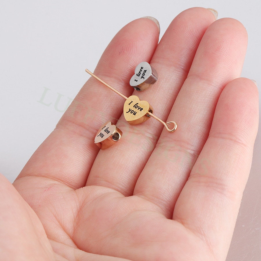 10pcs 3D Heart Charms 8mm, Heart Beads Pendant with I Love You Words, Gold Stainless Steel Heart,Tiny Heart Findings,Jewelry Making Supplies