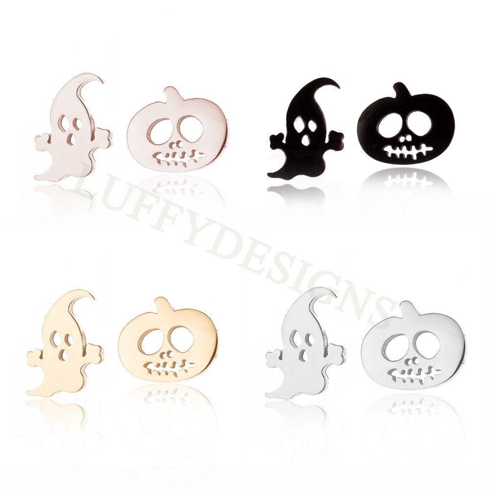 10pairs Halloween Earring Studs, Cute Halloween Stud Earrings, Stainless Steel Pumpkin Earring Findings, Tiny Adorable Ghost Stud Earrings