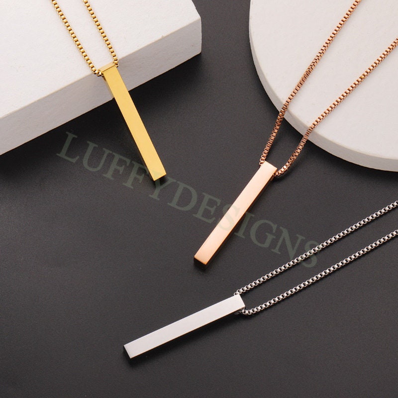 5pcs Blank 3D Bar Necklace with Box Chain, Bar Necklace Supplies, Gold Stainless Steel Blanks, Stamping Bar Necklace, DIY Engraving 40x5mm