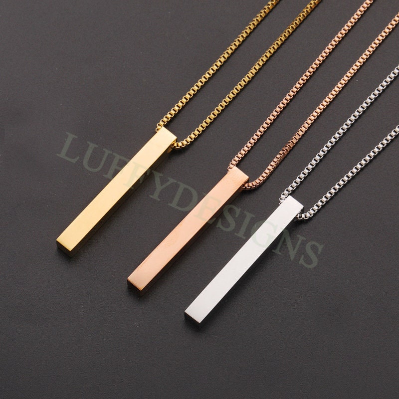 5pcs Blank 3D Bar Necklace with Box Chain, Bar Necklace Supplies, Gold Stainless Steel Blanks, Stamping Bar Necklace, DIY Engraving 40x5mm