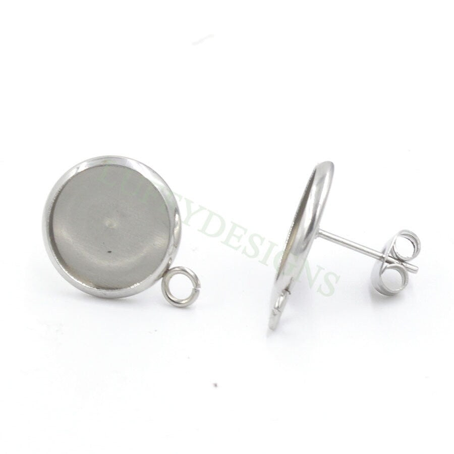 50pcs Earring Posts Studs with a Loop, Stainless Steel Ear Studs, Round Bezel Cabochon Base Setting, Earring Findings, Stud Supplies 8-12mm