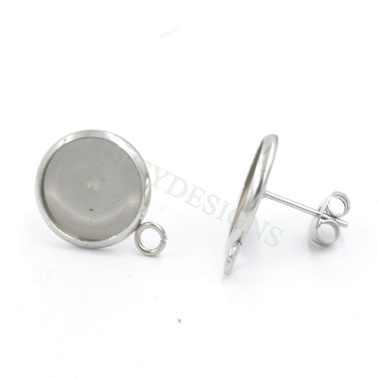 50pcs Earring Posts Studs with a Loop, Stainless Steel Ear Studs, Round Bezel Cabochon Base Setting, Earring Findings, Stud Supplies 8-12mm