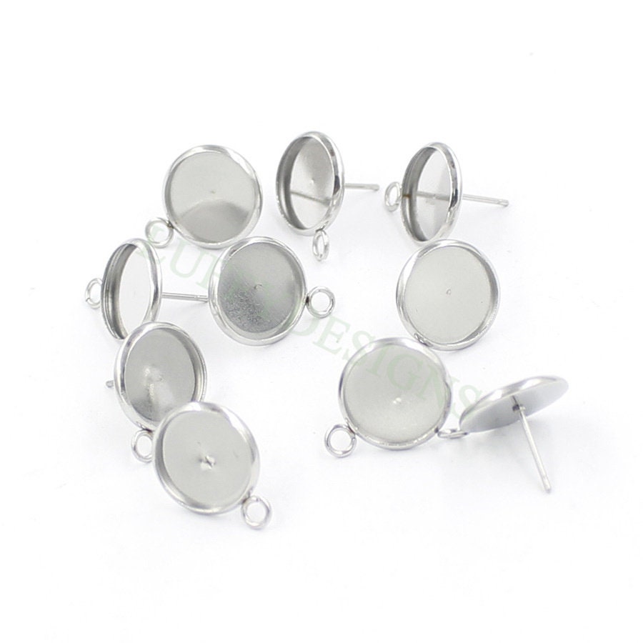 50pcs Earring Posts Studs with a Loop, Stainless Steel Ear Studs, Round Bezel Cabochon Base Setting, Earring Findings, Stud Supplies 8-12mm