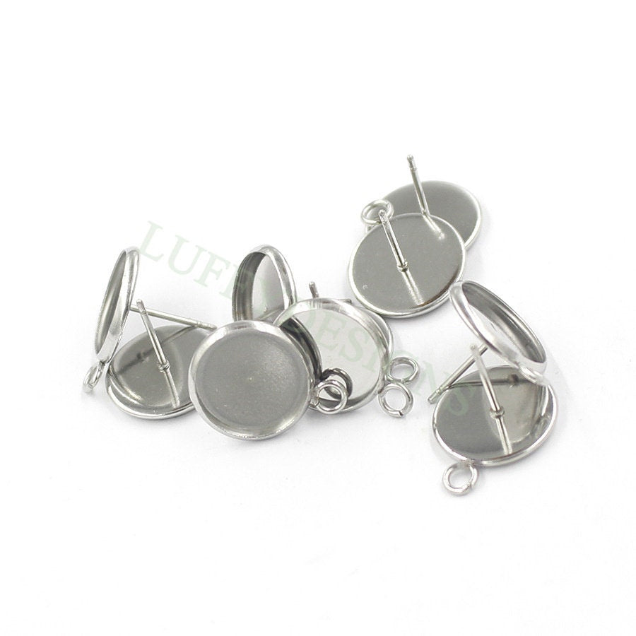 50pcs Earring Posts Studs with a Loop, Stainless Steel Ear Studs, Round Bezel Cabochon Base Setting, Earring Findings, Stud Supplies 8-12mm