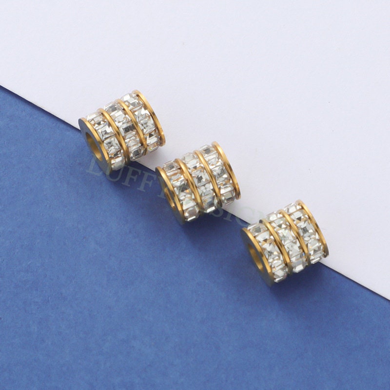 10pcs CZ Micro Pave 3 Row Round Beads, Cubic Zirconia Jewelry Making Spacer, CZ Beads Pendant, Gold plated Stainless Steel, CZ Bead Charms