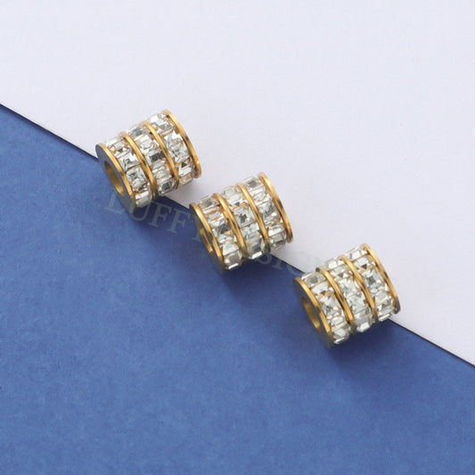 10pcs CZ Micro Pave 3 Row Round Beads, Cubic Zirconia Jewelry Making Spacer, CZ Beads Pendant, Gold plated Stainless Steel, CZ Bead Charms