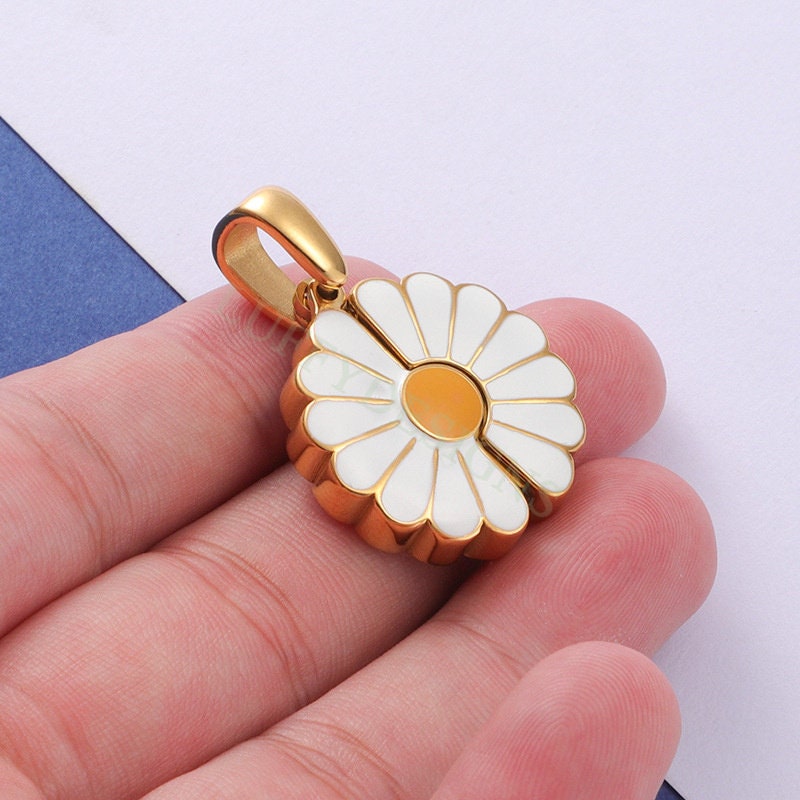 2pcs Daisy Charms, Gold Steel Flower Pendant, Hidden Message Charms Pendant, Gold Daisy Flower Charms,Enamel Daisy Charms For Jewelry Making