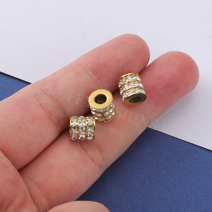 10pcs CZ Micro Pave 3 Row Round Beads, Cubic Zirconia Jewelry Making Spacer, CZ Beads Pendant, Gold plated Stainless Steel, CZ Bead Charms