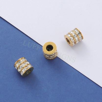 10pcs CZ Micro Pave 3 Row Round Beads, Cubic Zirconia Jewelry Making Spacer, CZ Beads Pendant, Gold plated Stainless Steel, CZ Bead Charms