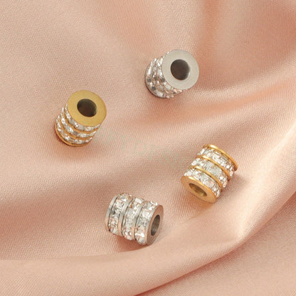 10pcs CZ Micro Pave 3 Row Round Beads, Cubic Zirconia Jewelry Making Spacer, CZ Beads Pendant, Gold plated Stainless Steel, CZ Bead Charms