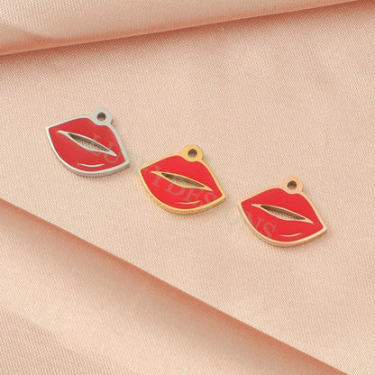 10pcs Enamel Red Lips Charm 13x10mm, Fun Lips Pendant for Necklace/Bracelet Supply, Tiny Little Lips, Gold Stainless Steel, Valentine Gift