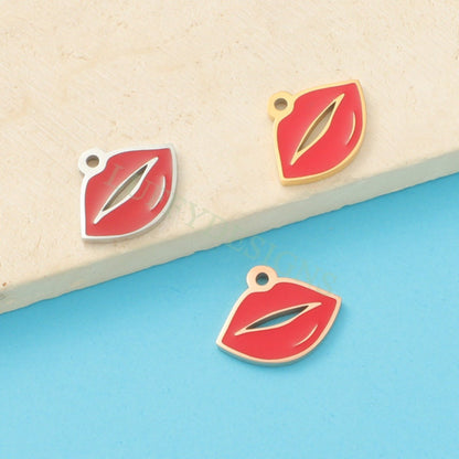 10pcs Enamel Red Lips Charm 13x10mm, Fun Lips Pendant for Necklace/Bracelet Supply, Tiny Little Lips, Gold Stainless Steel, Valentine Gift