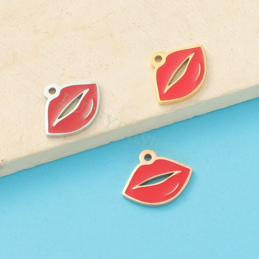 10pcs Enamel Red Lips Charm 13x10mm, Fun Lips Pendant for Necklace/Bracelet Supply, Tiny Little Lips, Gold Stainless Steel, Valentine Gift