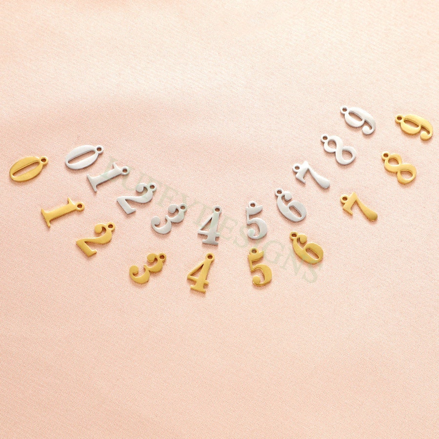 10pcs Number Charms, Gold Number Pendant, Anniversary Findings for Necklace/Bracelet, Gold Stainless Steel, Arabic Number Charms Pendant