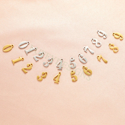 10pcs Number Charms, Gold Number Pendant, Anniversary Findings for Necklace/Bracelet, Gold Stainless Steel, Arabic Number Charms Pendant