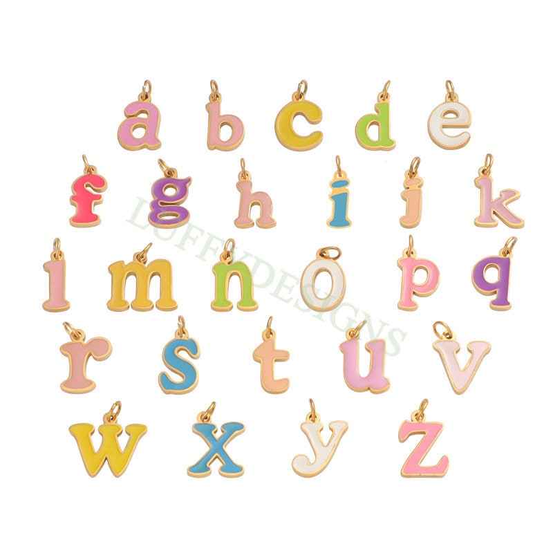 Colorful Letter Charms 12x8mm, Alphabet Charms Pendant, Gold Lowercase Letter Charm, 26 Letters Initial Charms,Gold Stainless Steel Findings