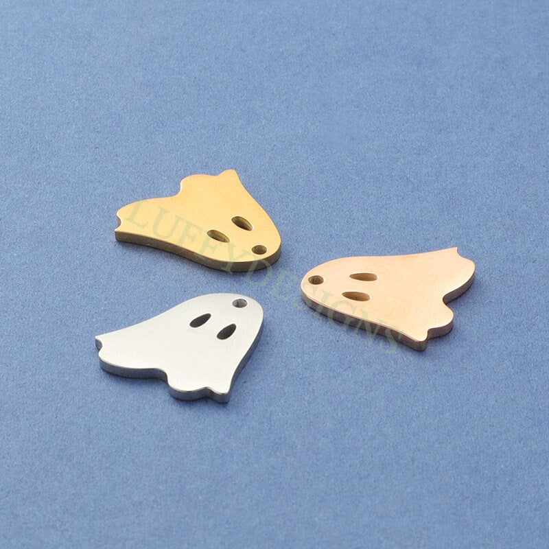 10pcs Halloween Ghost Charms 17mm, Gold Ghost Pendant, Wholesale Ghost Findings for Jewelry, Tiny Halloween Charms, Gold Stainless Steel