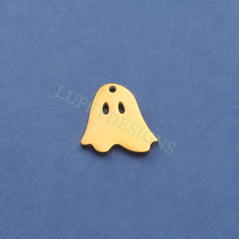 10pcs Halloween Ghost Charms 17mm, Gold Ghost Pendant, Wholesale Ghost Findings for Jewelry, Tiny Halloween Charms, Gold Stainless Steel