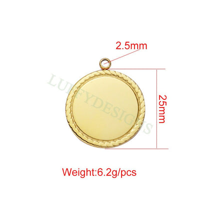 5pcs Gold Disc Charms with Lace Border 25mm, Mirror Polished Round Pendant, Metal Stamping Blanks Charm, Engravable Round Blank in Steel