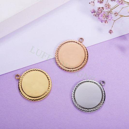 5pcs Gold Disc Charms with Lace Border 25mm, Mirror Polished Round Pendant, Metal Stamping Blanks Charm, Engravable Round Blank in Steel