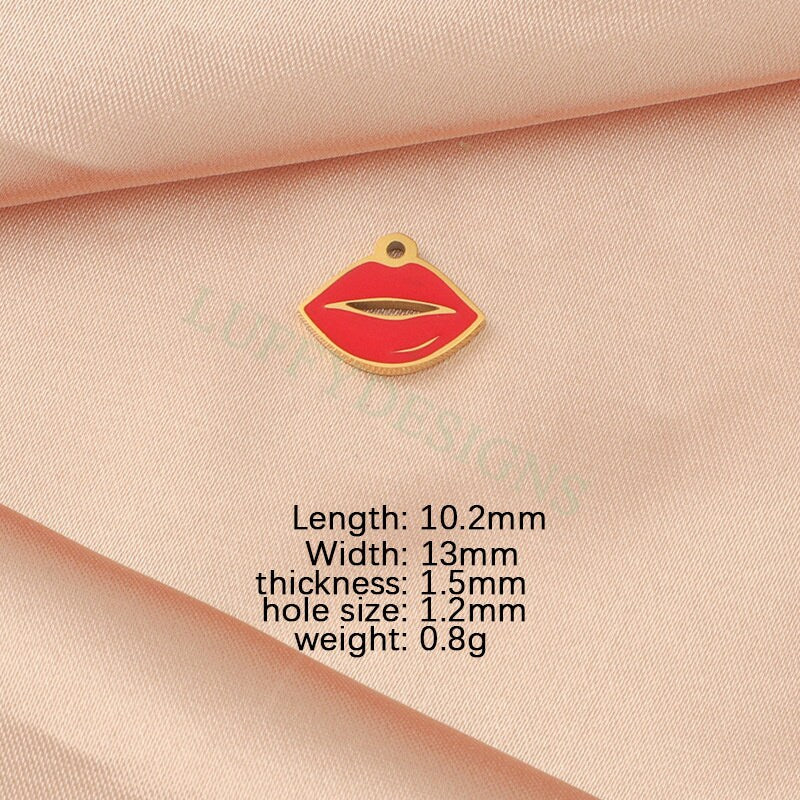 10pcs Enamel Red Lips Charm 13x10mm, Fun Lips Pendant for Necklace/Bracelet Supply, Tiny Little Lips, Gold Stainless Steel, Valentine Gift