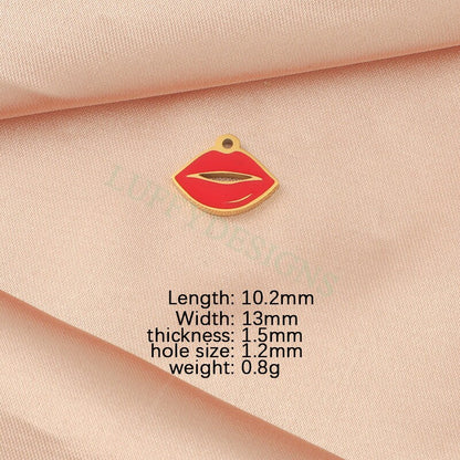 10pcs Enamel Red Lips Charm 13x10mm, Fun Lips Pendant for Necklace/Bracelet Supply, Tiny Little Lips, Gold Stainless Steel, Valentine Gift