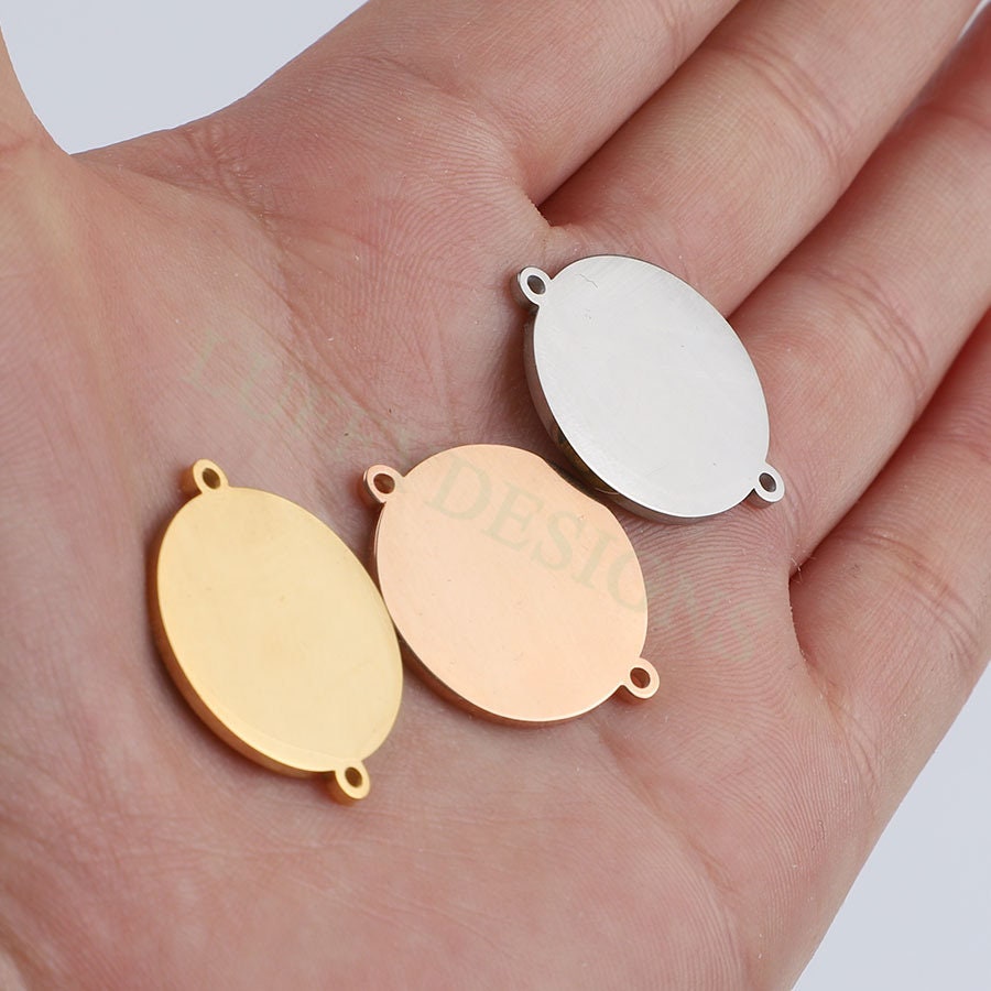 10pc Round Disc Tags with 2 Loops, 15-25mm Round Pendant, Metal Stamping Blanks Charm, Engravable Round Blank, Gold Plated Stainless Steel